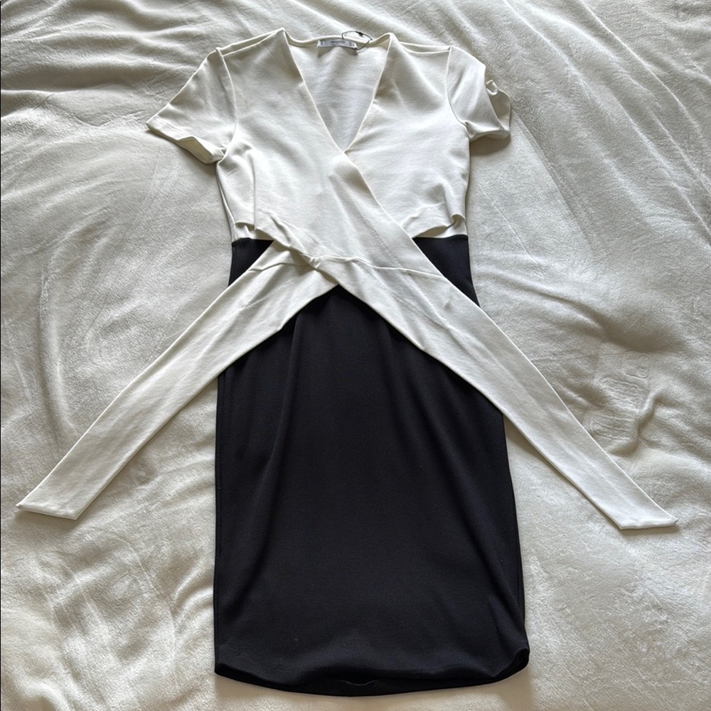 Mango Cream and Black Sheath Dress with V-Neck